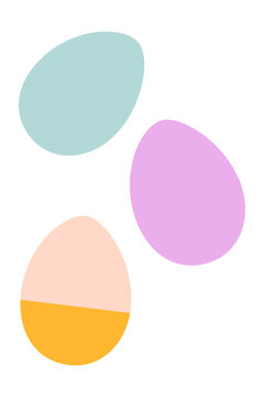 Colorful Easter eggs in pastel colors on white background. Minimalist spring holiday illustration. Simple flat design elements for article, post, seasonal greeting cards, graphics and decorations. PNG