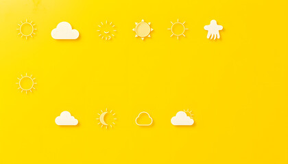 Modern weather icons set on yellow background top view copy space , with white tonespng