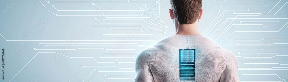 Poster concept of human evolution in bio-tech with embedded technology and digital connectivity