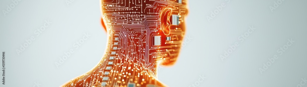 Poster conceptual representation of human evolution with embedded technology in a futuristic design