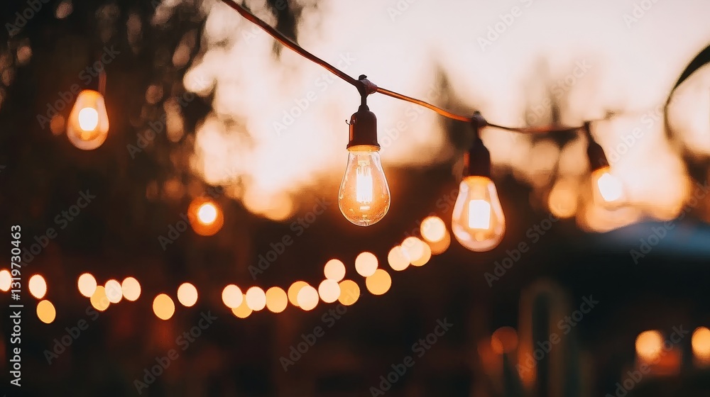 Poster warm glowing string light illuminate a serene outdoor setting at sunset with soft bokeh
