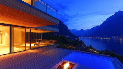 Obraz premium Modern lakeside villa at twilight with a glowing fire pit and serene mountain backdrop