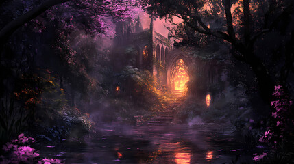 A gothic depiction of a paradise garden at dusk, with shadowy trees and an eerie glowing pond. Eerie Glow. Illustration
