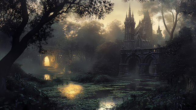 A gothic depiction of a paradise garden at dusk, with shadowy trees and an eerie glowing pond. Eerie Glow. Illustration