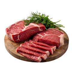 Raw Beef Steaks with Fresh Cilantro and Rosemary Isolated on Transparent Background.