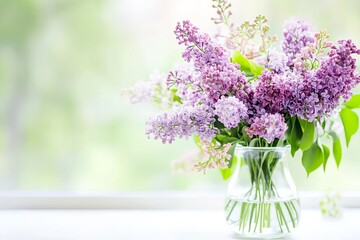 Fototapeta premium Beautiful bouquet of lilac flowers standing in a glass vase on a white wooden table with copy space