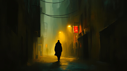 A mysterious figure walks alone in a foggy alley, illuminated by the dim glow of streetlights, evoking a sense of intrigue and solitude. Eerie Glow. Illustration