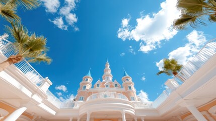 A whimsical castle with pointed spires surrounded by tropical palm trees, set against a vibrant blue sky that evokes a sense of adventure and wonder.