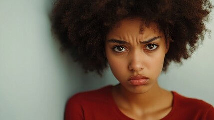 Sad pretty girl feeling upset while spending time at home alone. Beautiful young dark-skinned female with Afro hairstyle staring at camera with unhappy or regretful look against studio wall