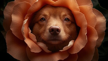 Wet dog's nose peeks out from colorful flowers bouquet. Funny spring greeting card for Mother's Day, Valentine's Day. Close-up view. Cute animal portrait. Summer, autumn blooming and allergy season