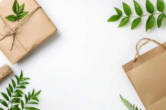 Eco-Friendly Materials Concept with Recycled Items and Green Leaves on White Background