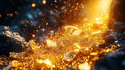Golden nuggets sparkling, unearthed from dark rock
