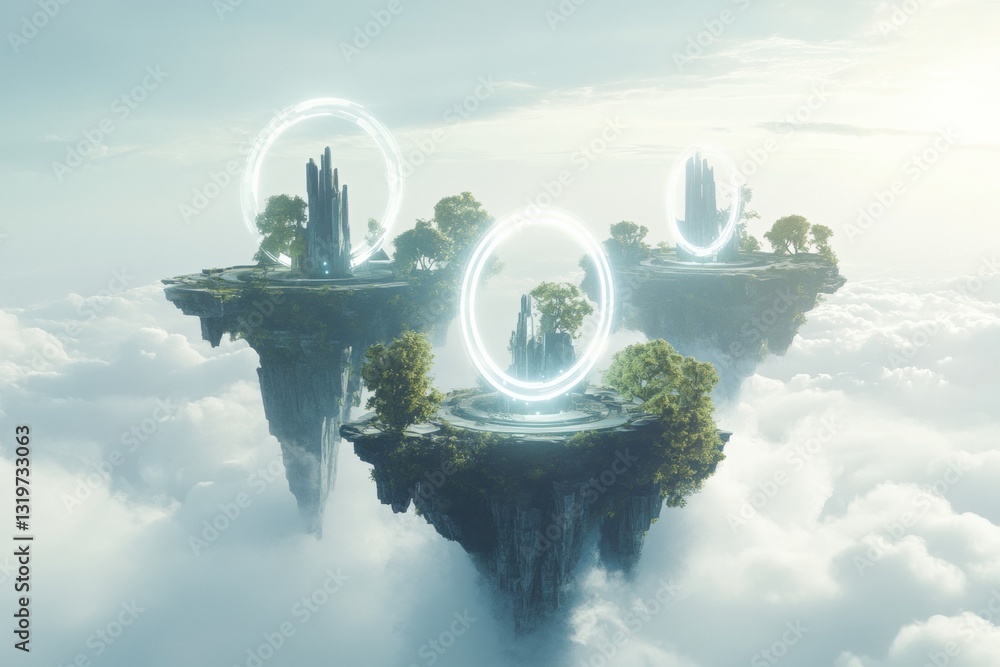 Aufkleber Floating islands linked by portals showcase gateways to diverse virtual worlds within the expansive metaverse in a breathtaking landscape