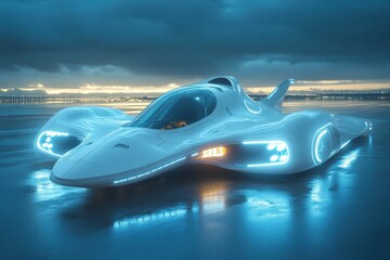 Futuristic hover car racing at twilight urban city digital