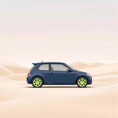 A blue car with yellow wheels is parked on a sandy desert