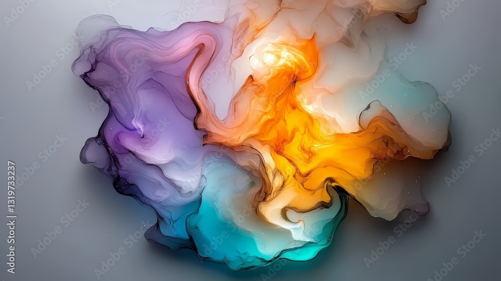 Poster colorful swirl of paint with a yellow flame in the middle. the colors are vibrant and the swirls are