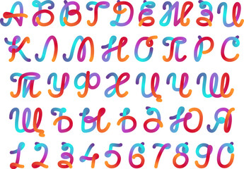 Color gradient curved twisted script typeface. Numbers and letters cursive, round painted game alphabet. Rainbow ribbon vivid 3d fusion font. Flexible looped intersected bold lines liquid summer party
