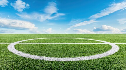Obraz premium Lush Green Soccer Field Under Bright Blue Sky with White Lines and Dramatic Clouds