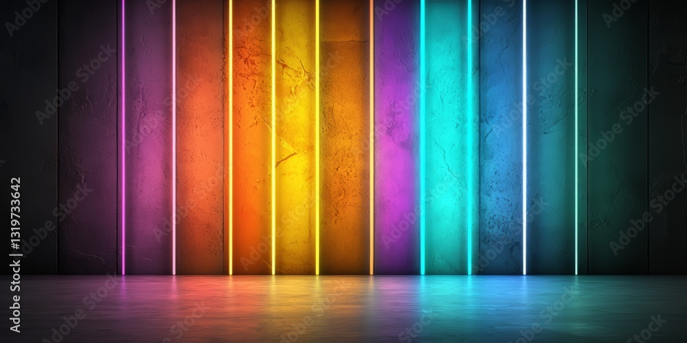 Aufkleber colorful wall with neon lights that are arranged in a row. the wall is made of concrete and has a mo