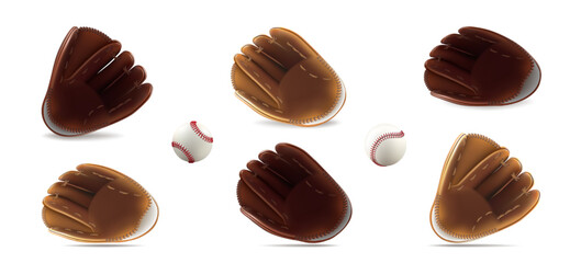 Baseball ball, bat, glove. 3d white softball, vintage player mitt, wood line stick. Logo base equipment illustration. Catch flyer american field sport. Red texture sweepstakes. Vector isolated clipart