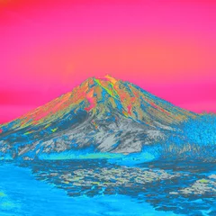 Selbstklebende Fototapeten Surreal mountain landscape with vibrant neon colors, featuring pink skies and blue terrain. Psychedelic and futuristic aesthetics, ideal for digital art, posters, and album covers © RuleByArt