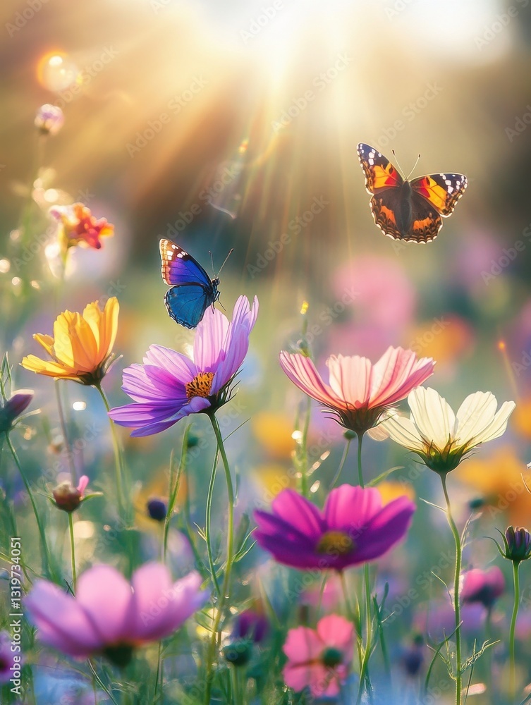 Poster field of colorful cosmos flower and butterfly in a meadow in nature in the rays of sunlight in summe