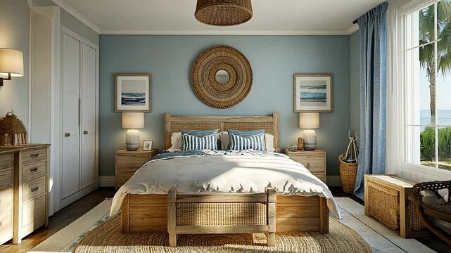 Seaside serenity: Coastal bedroom interior showcasing natural materials and calm aesthetics