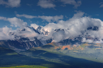 Majestic Altai mountains with enchanting clouds in Altay, Russia