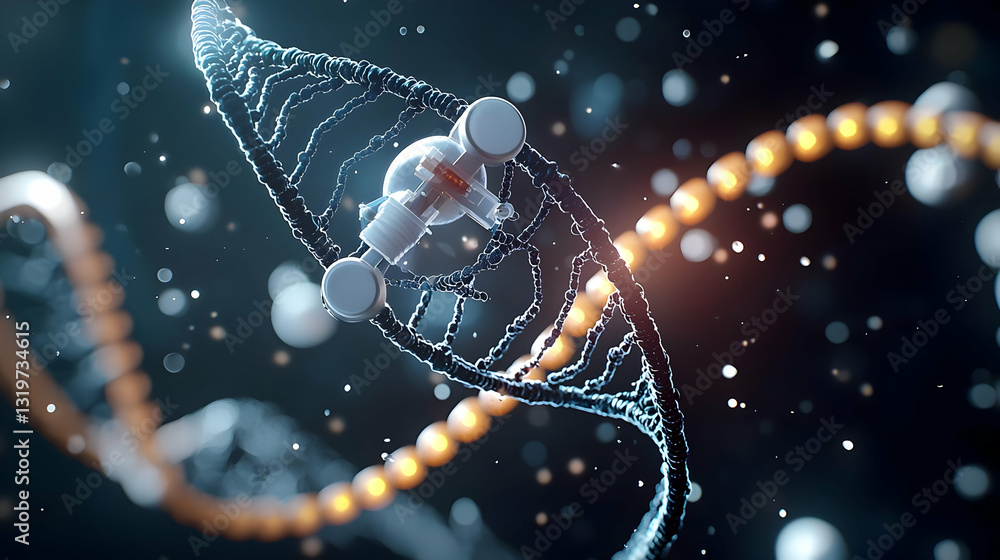 Poster 3d rendered dna double helix with glowing particles genetic information flow in biotechnology resear
