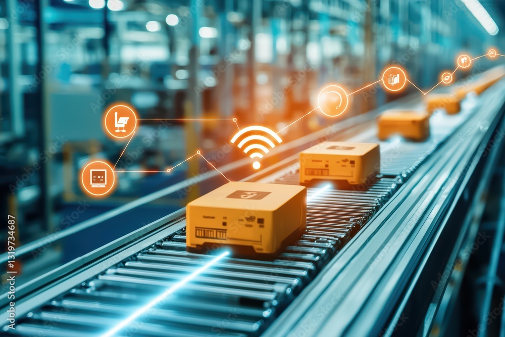 Poster smart factory concept with iot sensors monitoring workflow in modern industry setting