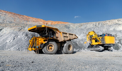 Heavy Machinery in Open-Pit Mine: Dump Truck and Excavator in Action under Clear Sky