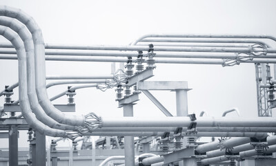 Electrical substation with high voltage switches, wires, transformer, ceramic insulators