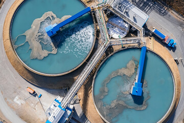 Aerial top view water treatment facility at copper mine factory and processing plant