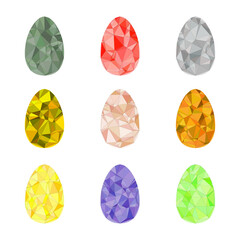 Set of nine colorful Easter eggs with a modern, geometric polygonal design. Perfect for Easter-themed designs, greeting cards, or website elements.