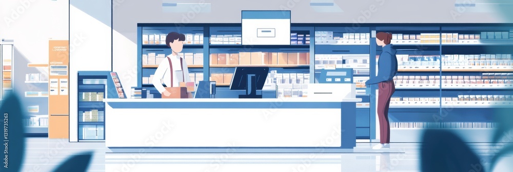 Poster smart cashier monitors automated checkout process in a modern supermarket setting with ample space f