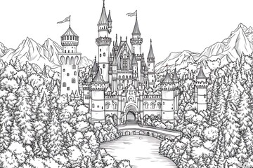 Majestic Castle for Mountain Landscape, Sketch.