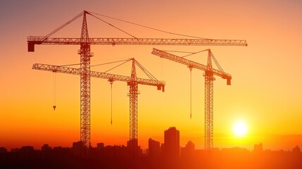 Sunset Silhouette of Construction Cranes Over City Skyline