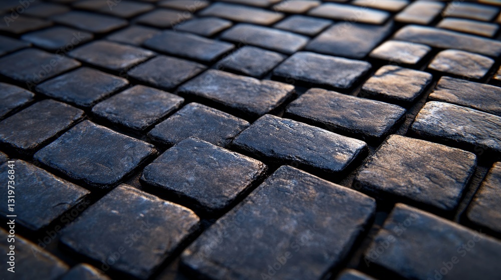 Poster close-up view of textured cobblestone pavement with natural light highlighting edges