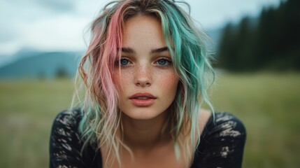 A captivating portrait of a model with multi-colored hair and freckles showcased in a natural setting, highlighting the beauty of individuality amidst the serenity of nature.