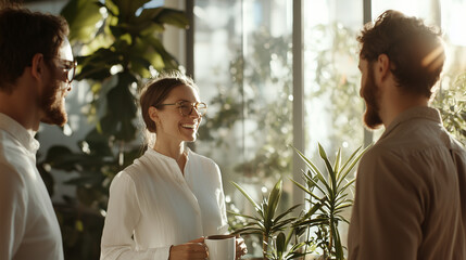 A team enjoying coffee and laughter in a bright break room