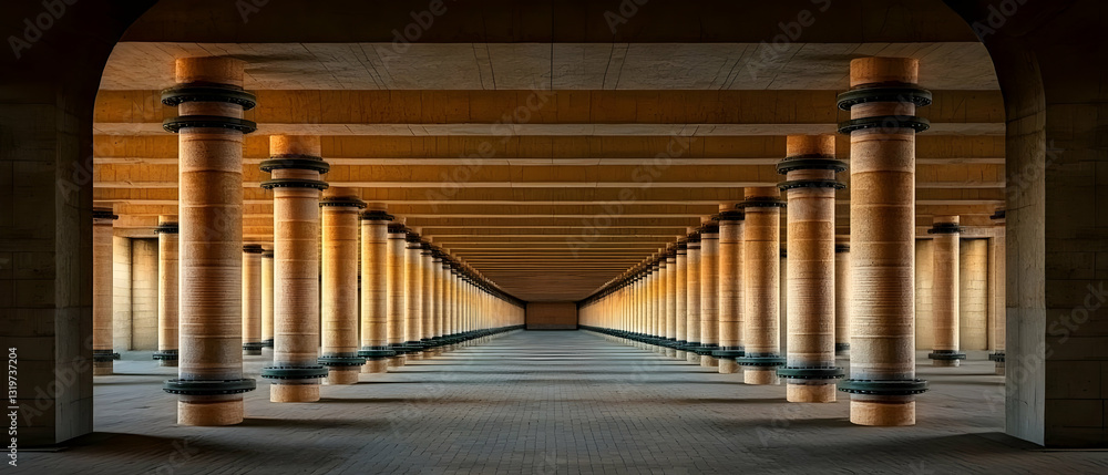 Poster dimly lit corridor with rows of concrete pillars and a concrete floor in a modern architectural desi