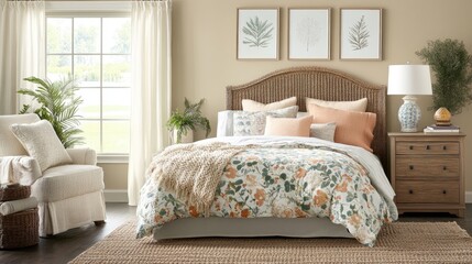 Fototapeta premium Boho-chic bedroom featuring warm beige walls, woven textiles, and neutral earth-toned decor.
