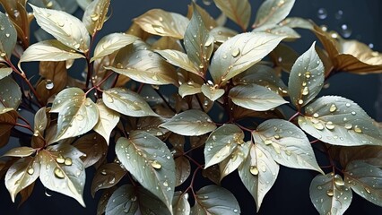 Wet golden leaves with water droplets on dark background