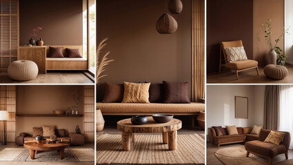 Cozy earth-toned minimalist interior design with wooden furniture