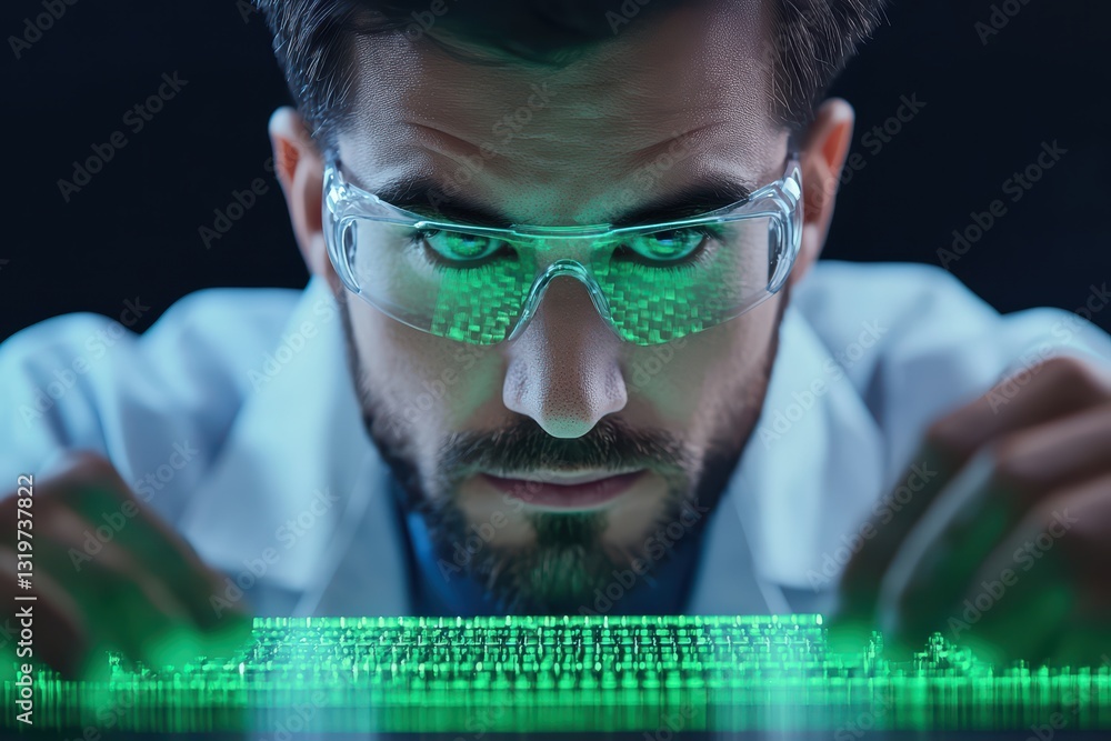 Poster technician analyzing precision manufacturing concept with focused intensity in laboratory setting