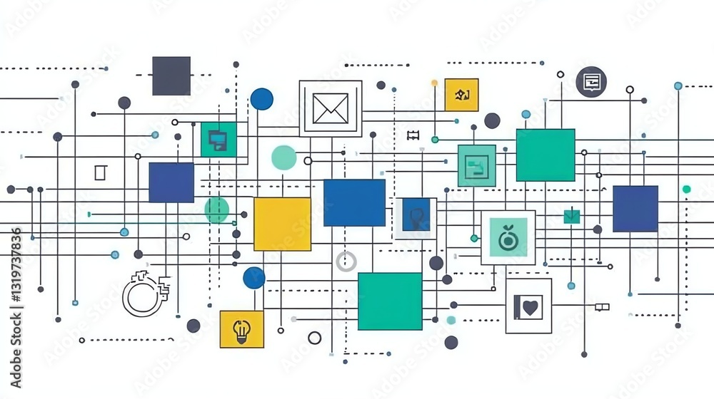 Poster abstract network of connected icons and data points in flat design