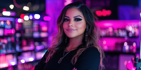 Fashionable woman in makeup working at a makeup counter
