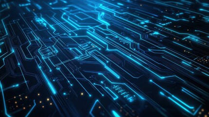 Obraz premium Abstract neon blue tech circuit board lines sci-fi scheme design. Futuristic computer chip background. Vector glowing illustration