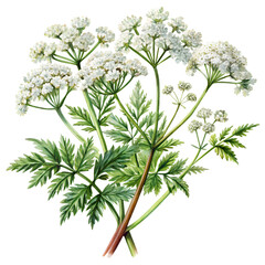 White Floral Elegance: Detailed illustration showcases a cluster of delicate white flowers, complete with lush green foliage, a botanical study of natural beauty and intricate detail.