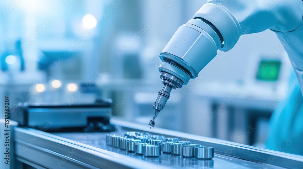 Poster advanced robotic arm assembling components in futuristic smart factory environment
